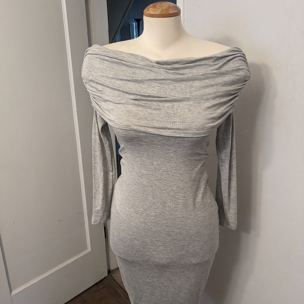 Off the shoulder double layer gray dress.